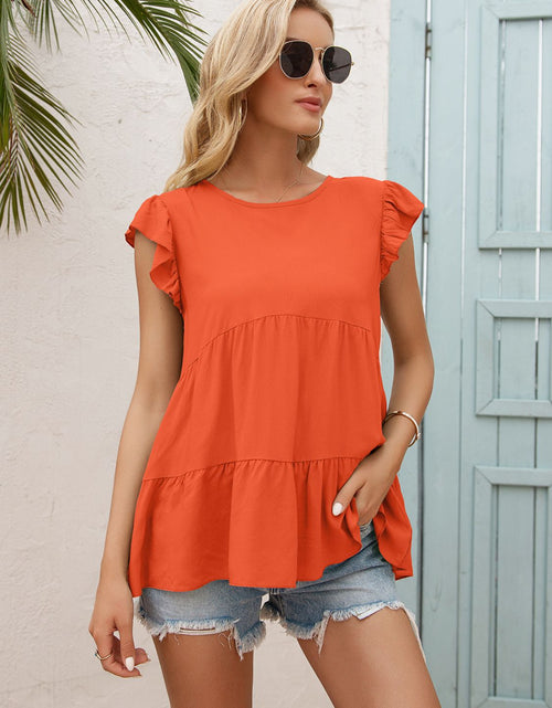 Load image into Gallery viewer, Ivy Lane Round Neck Flutter Sleeve Tiered Blouse
