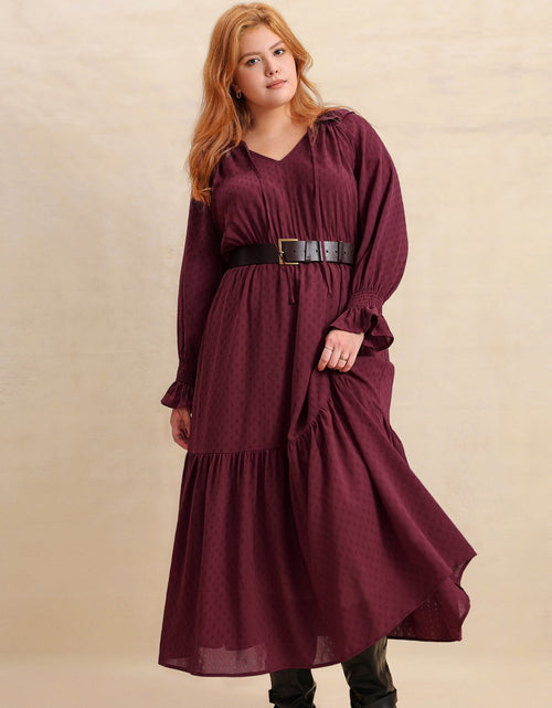 Load image into Gallery viewer, Plus Size Swiss Dot Tie Neck Flounce Sleeve Maxi Dress
