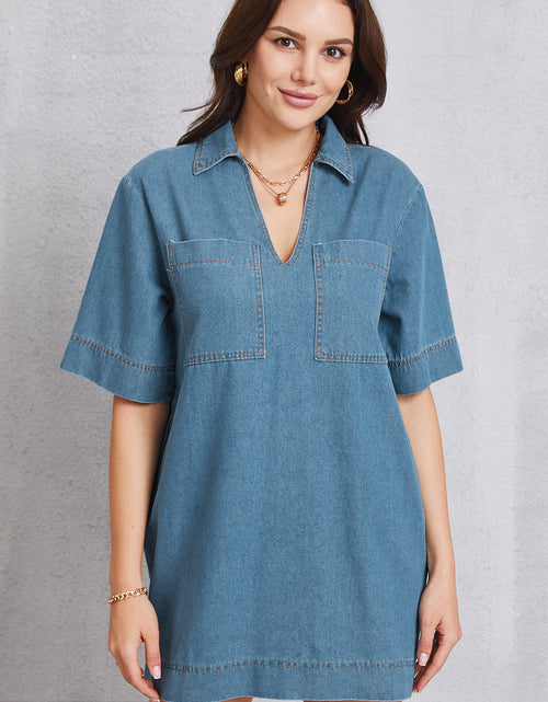 Load image into Gallery viewer, Pocketed Collared Neck Mini Denim Dress
