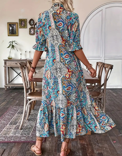 Load image into Gallery viewer, Printed Tie Neck Flounce Sleeve Midi Dress
