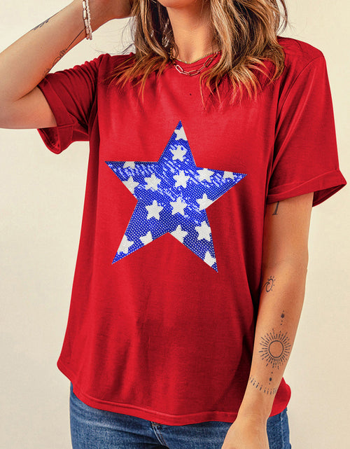 Load image into Gallery viewer, Sequin Star Round Neck Short Sleeve T-Shirt
