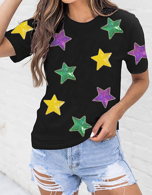 Load image into Gallery viewer, Sequin Stars Patched Round Neck T-Shirt
