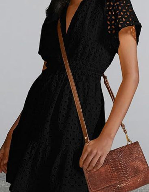 Load image into Gallery viewer, Eyelet Notched Short Sleeve Mini Dress
