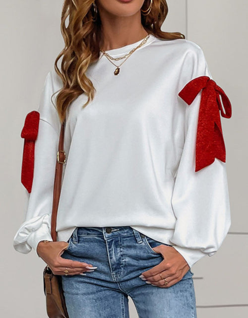 Load image into Gallery viewer, Perfee Bow Round Neck Long Sleeve Sweatshirt
