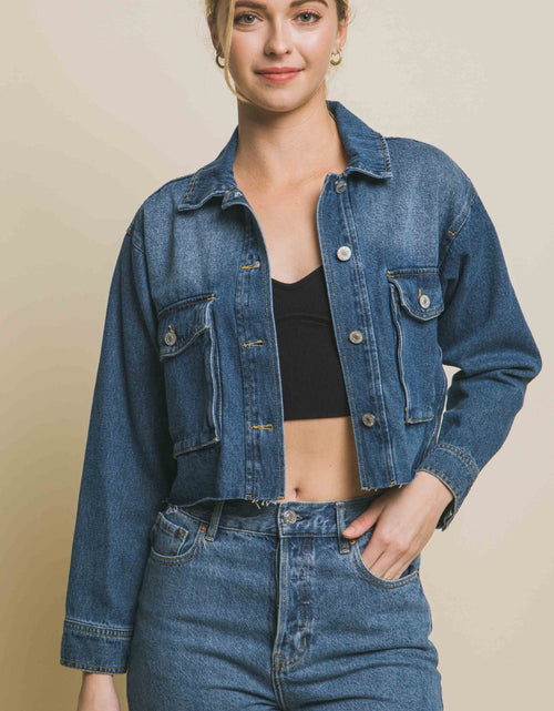 Load image into Gallery viewer, Love Tree Raw Hem Button Up Cropped Denim Jacket

