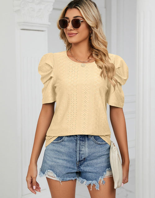 Load image into Gallery viewer, Eyelet Puff Sleeve Round Neck Blouse
