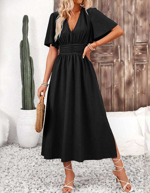 Load image into Gallery viewer, Side Slit Surplice Flutter Sleeve Midi Dress
