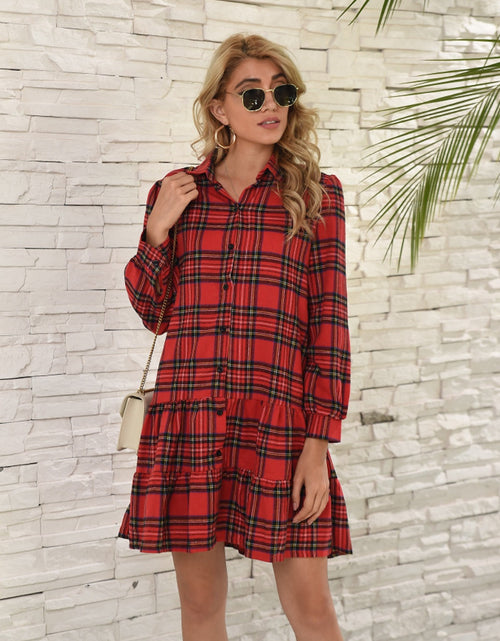 Load image into Gallery viewer, Ruffle Hem Plaid Button Down Long Sleeve Dress
