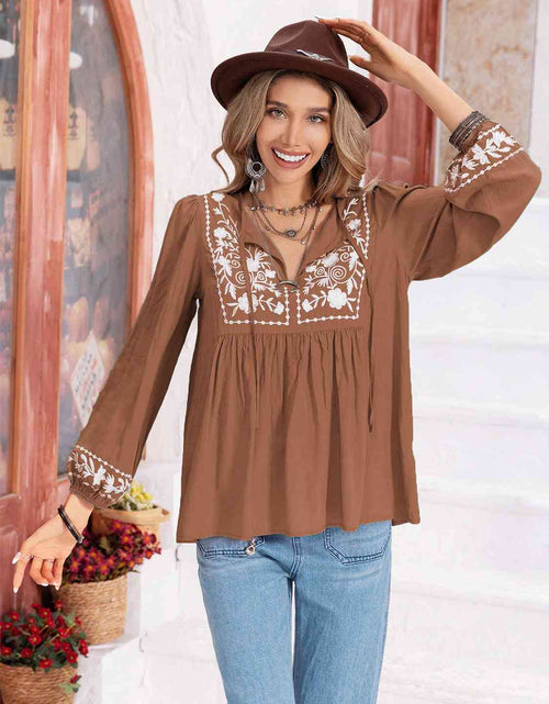 Load image into Gallery viewer, Floral Tie Neck Balloon Sleeve Blouse
