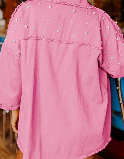 Load image into Gallery viewer, Raw Hem Pearl Trim Dropped Shoulder Denim Jacket
