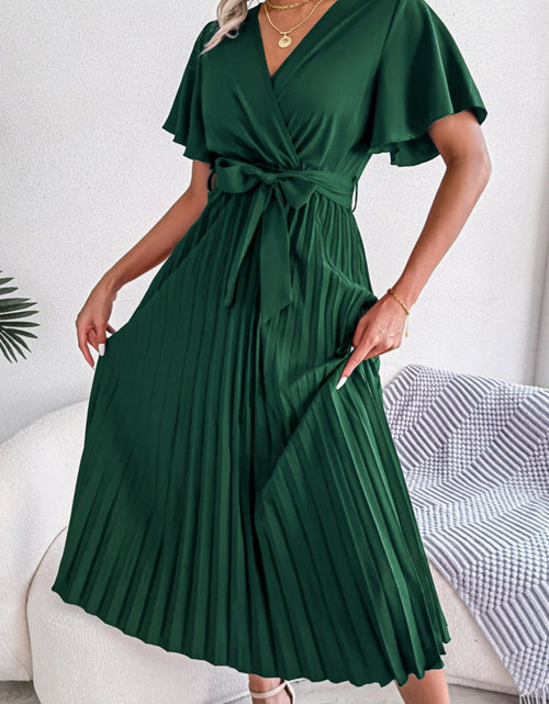 Load image into Gallery viewer, Pleated Flutter Sleeve Belted Dress
