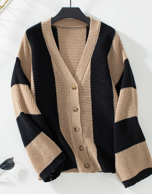 Load image into Gallery viewer, Waffle-Knit V-Neck Striped Long Sleeve Cardigan
