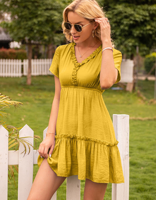 Load image into Gallery viewer, Ivy Lane Frill V-Neck Short Sleeve Ruffle Hem Dress
