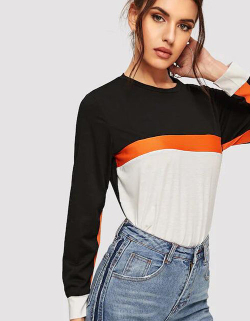 Load image into Gallery viewer, Shiny Color Block Round Neck Long Sleeve Tee
