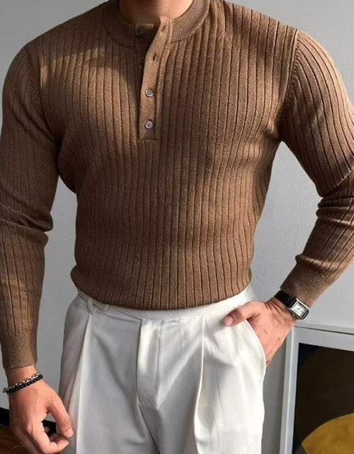 Load image into Gallery viewer, Button Detail Ribbed Long Sleeve Men's Knit Top
