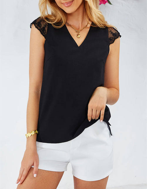Load image into Gallery viewer, Lace Detail V-Neck Cap Sleeve T-Shirt
