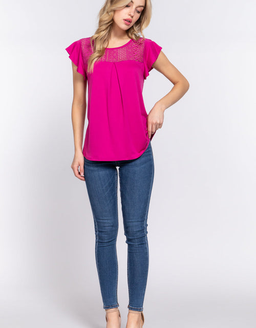 Load image into Gallery viewer, ACTIVE BASIC Ruffle Short Sleeve Lace Detail Knit Top
