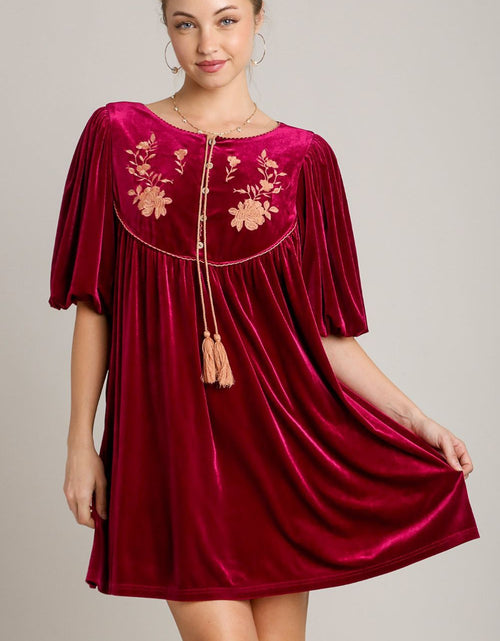Load image into Gallery viewer, Umgee Embroidered Half Sleeve Velvet Mini Dress with Tassel
