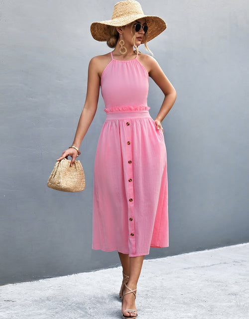 Load image into Gallery viewer, Buttoned Halter Neck Frill Trim Midi Dress
