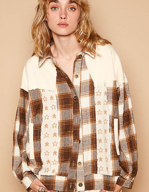 Load image into Gallery viewer, POL Plaid &amp; Star Patchwork Contrast Long Sleeve Shacket
