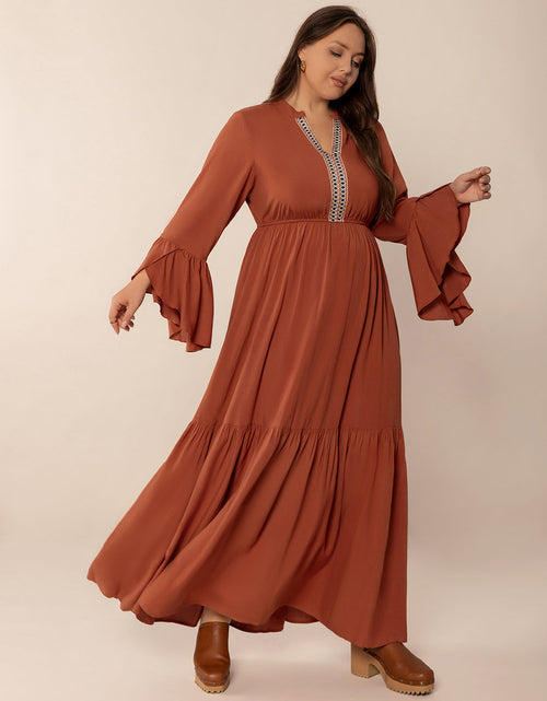 Load image into Gallery viewer, Plus Size Ruffled Notched Long Sleeve Midi Dress
