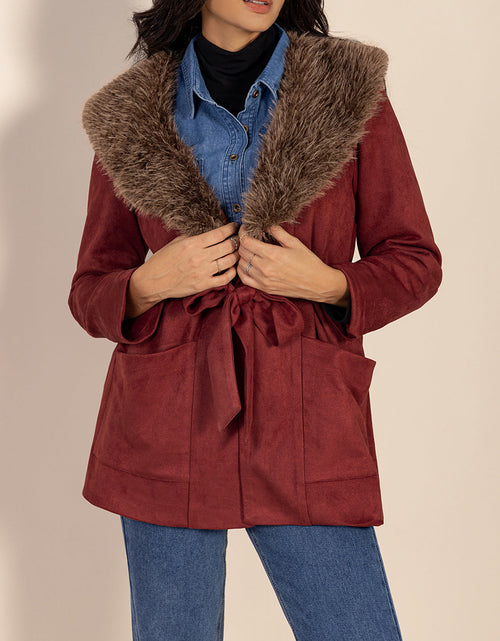 Load image into Gallery viewer, Fuzzy Collared Neck Tie Waist Jacket
