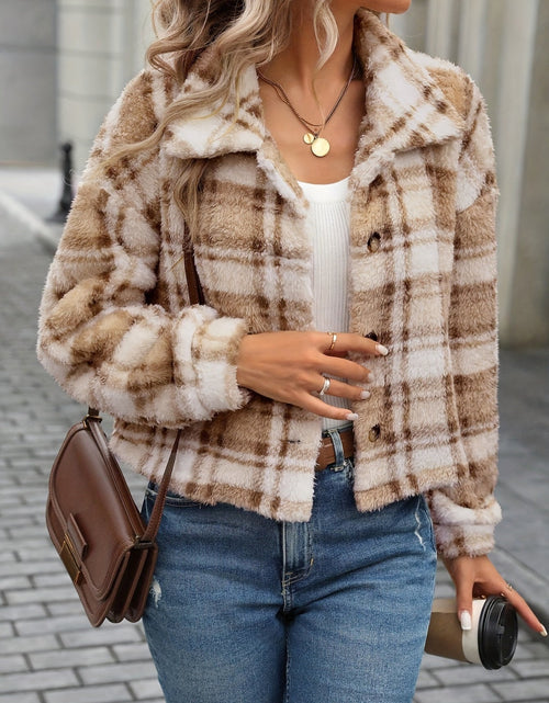 Load image into Gallery viewer, Plaid Button Up Collared Neck Long Sleeve Jacket
