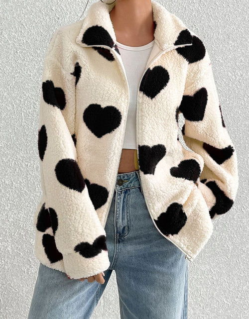 Load image into Gallery viewer, Heart Zip Up Drop Shoulder Furry Jacket
