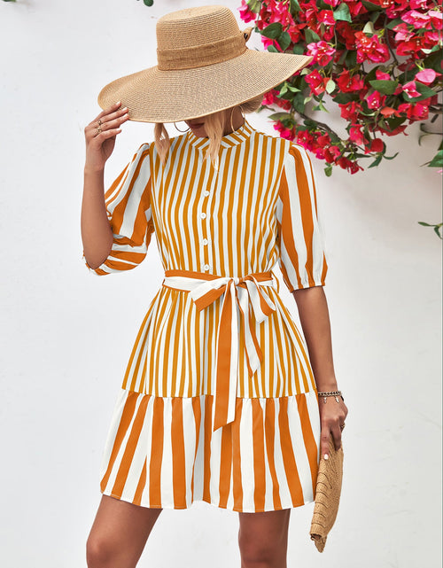 Load image into Gallery viewer, Striped Half Sleeve Tie Waist Mini Dress
