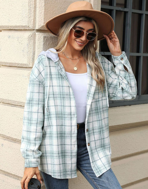 Load image into Gallery viewer, Drawstring Plaid Button Up Hooded Jacket
