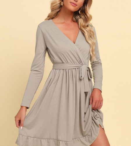 Long Sleeve Tie Waist Ruffle Hem Dress