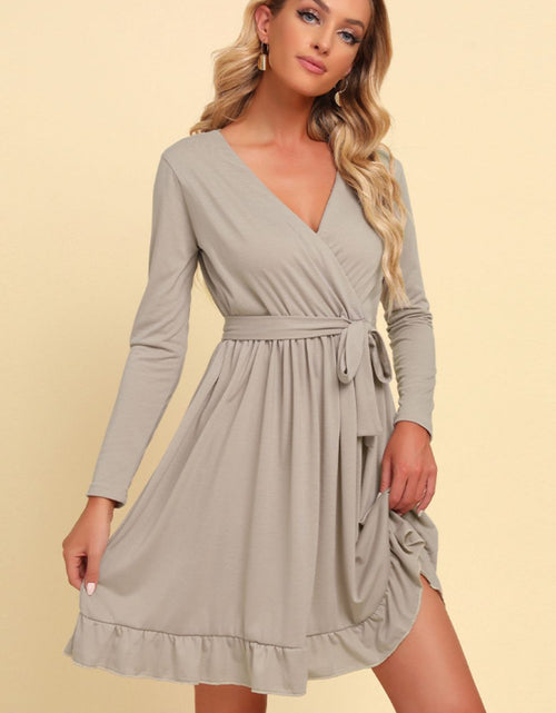 Load image into Gallery viewer, Long Sleeve Tie Waist Ruffle Hem Dress

