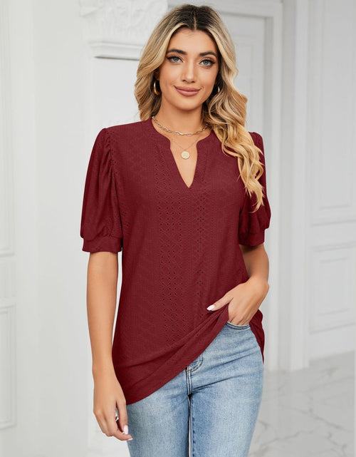 Load image into Gallery viewer, Florira Eyelet Notched Short Sleeve T-Shirt
