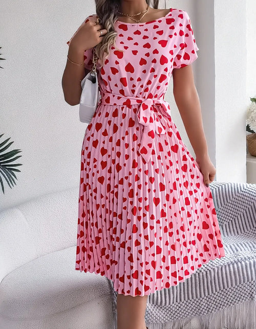 Load image into Gallery viewer, Heart Print Short Sleeve Tie Waist Dress
