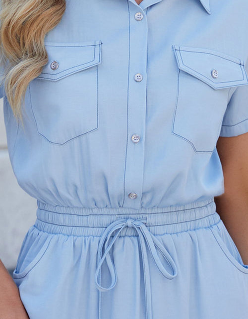 Load image into Gallery viewer, Drawstring Collared Neck Short Sleeve Denim Dress
