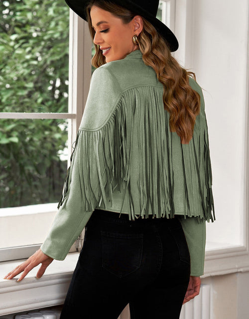Load image into Gallery viewer, Fringe Trim Lapel Collar Cropped Blazer
