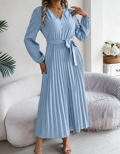 Load image into Gallery viewer, Pleated Tied V-Neck Long Sleeve Dress
