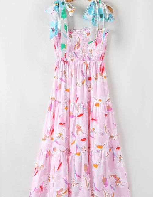Load image into Gallery viewer, Floral Print Knotted Shoulder Smocked Maxi Dress
