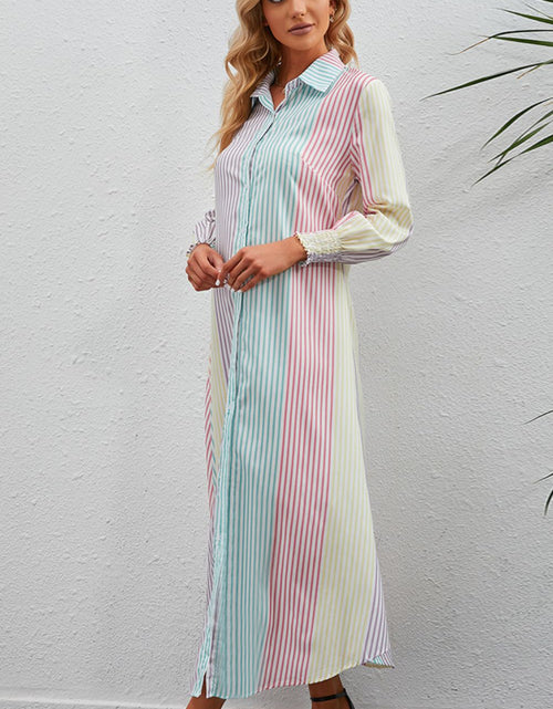 Load image into Gallery viewer, Rainbow Stripe Button-Up Maxi Shirt Dress
