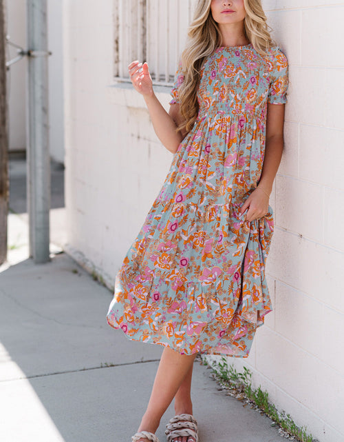 Load image into Gallery viewer, Floral Flounce Sleeve Round Neck Midi Dress
