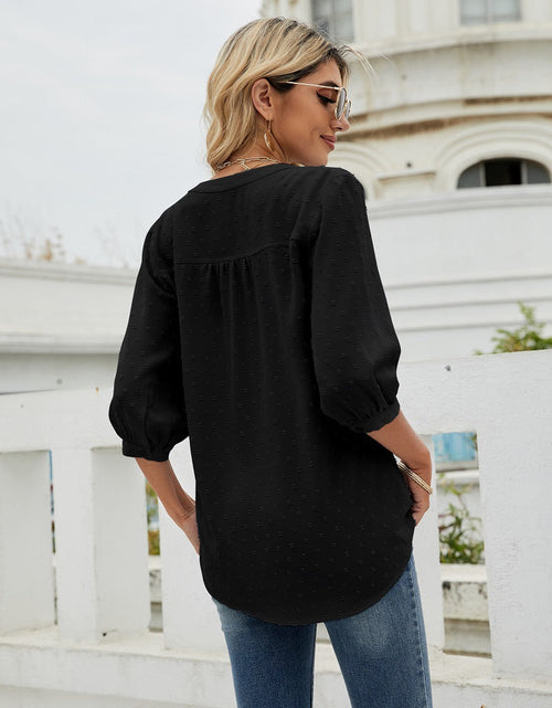 Load image into Gallery viewer, Swiss Dot Notched Neck Three-Quarter Sleeve Blouse
