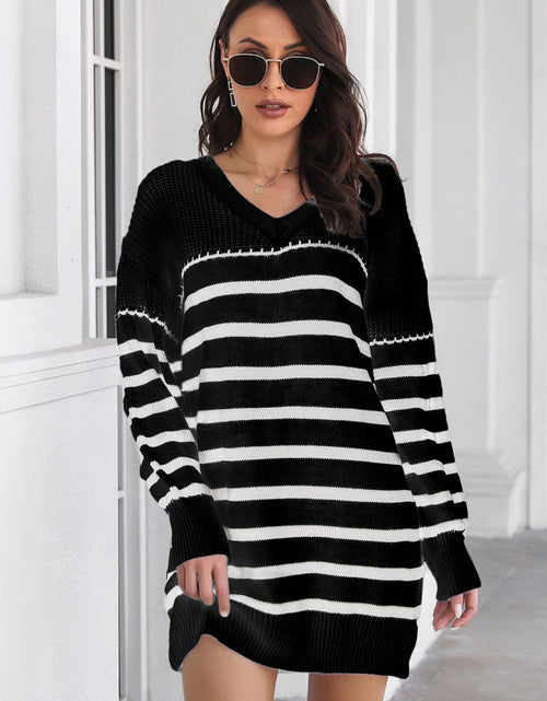 Load image into Gallery viewer, Striped V-Neck Drop Shulder Sweater Dress
