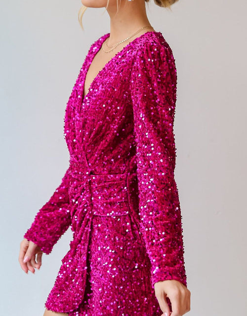 Load image into Gallery viewer, Sequin Surplice Long Sleeve Mini Dress
