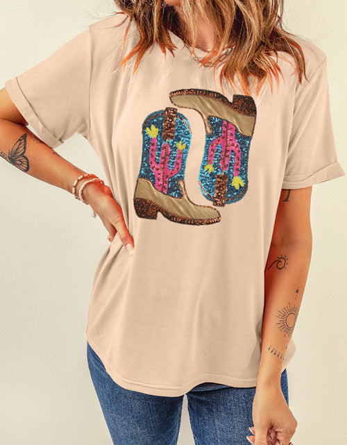 Load image into Gallery viewer, Sequin Round Neck Short Sleeve T-Shirt
