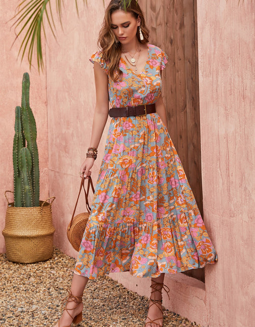 Load image into Gallery viewer, Ruffled Printed V-Neck Cap Sleeve Tiered Dress
