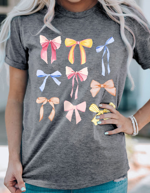 Load image into Gallery viewer, Bow Graphic Round Neck Short Sleeve T-Shirt
