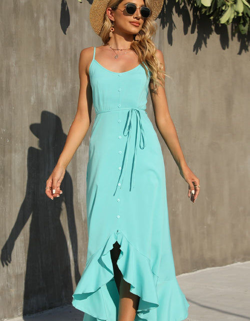 Load image into Gallery viewer, Shiny Decorative Button Spaghetti Strap Ruffle Hem Dress

