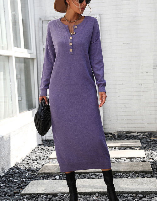 Load image into Gallery viewer, Notched Neck Dropped Shoulder Button-Down Midi Dress

