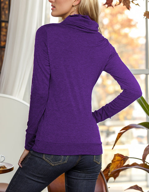 Load image into Gallery viewer, Shiny Buttoned Mock Neck Long Sleeve Blouse
