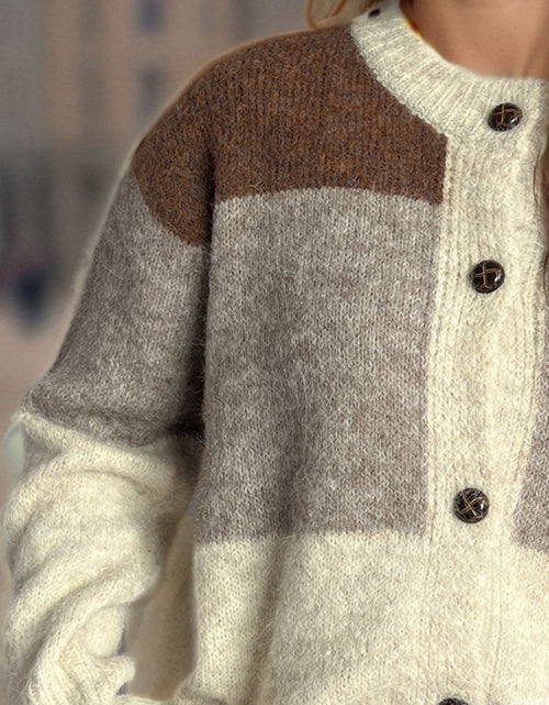 Load image into Gallery viewer, Color Block Round Neck Button Up Cardigan
